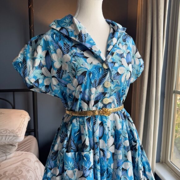 Vivien of Holloway Retro Kitty Plumeria Blue 50s Style Cotton Dress - Picture 5 of 14